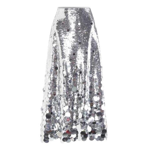 Women Midi Skirt Full Sequin Silver Size 2XL Tall Lined Decorated Mid Rise - Picture 7 of 14